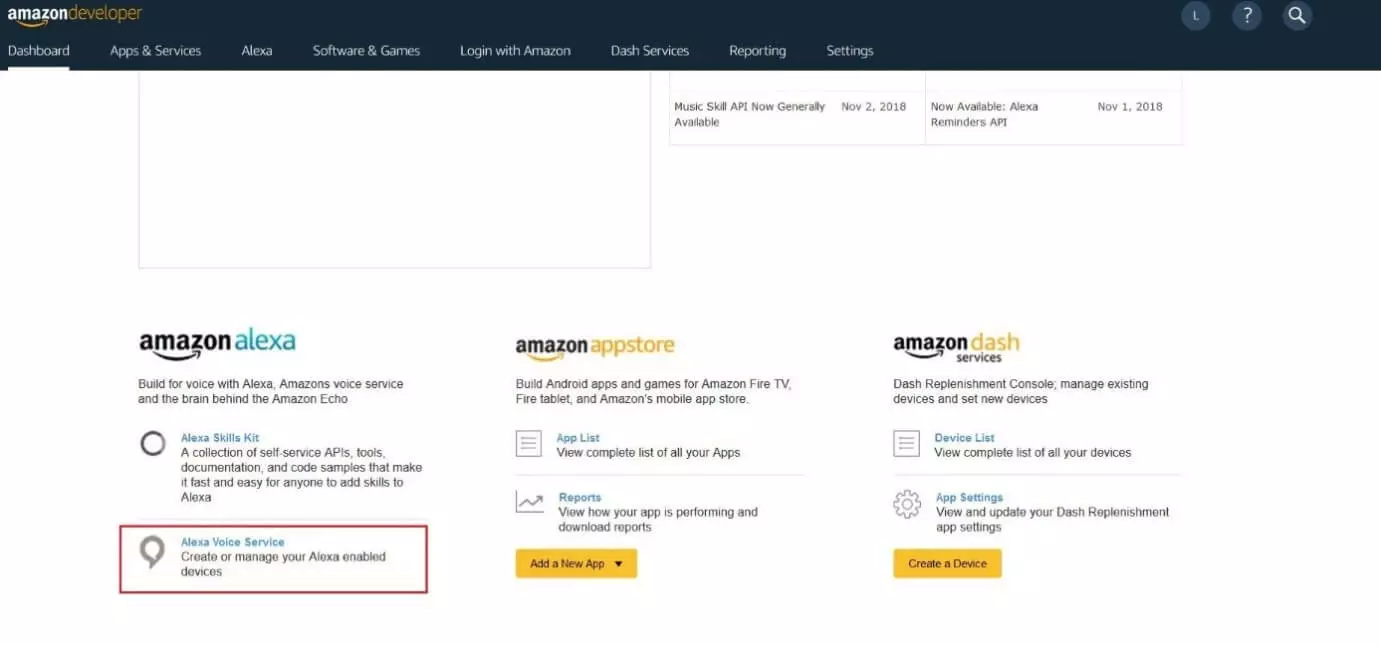 Dashboard di Amazon Developer