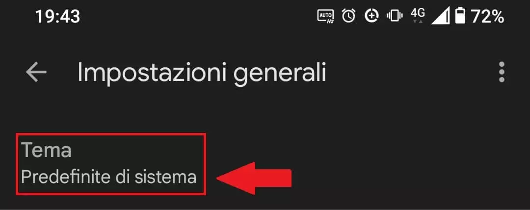 La voce “Tema” nel menu “Impostazioni generali”