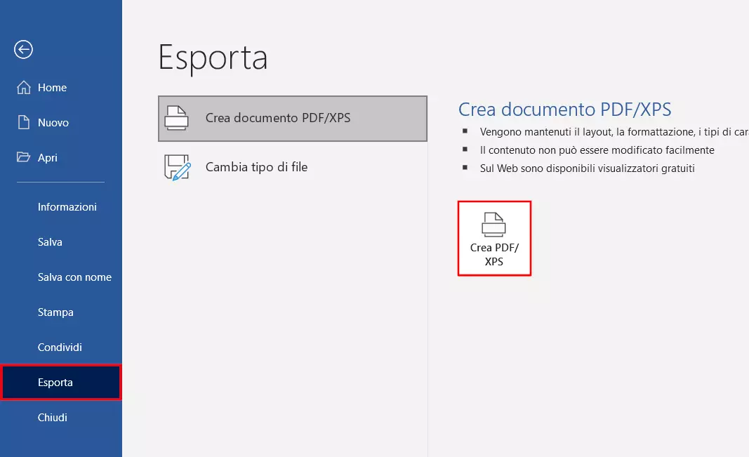 Salvare un file di testo in Word esportandolo in PDF