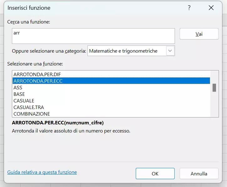 Funzione ARROTONDA.PER.ECC con la procedura guidata su Excel