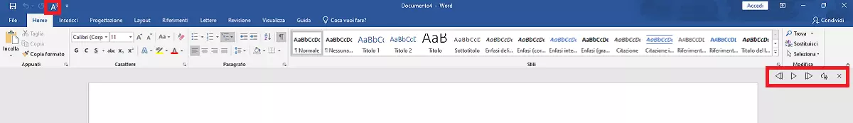 Funzione “Leggi ad alta voce” attivata in Word con menu di controllo