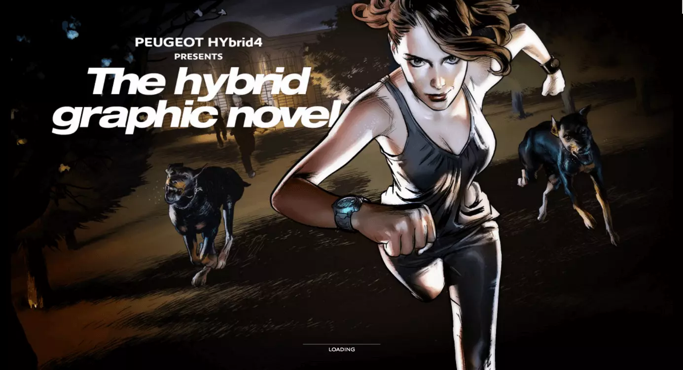 Schermata di caricamento del sito web parallax graphicnovel-hybrid4.peugeot.com