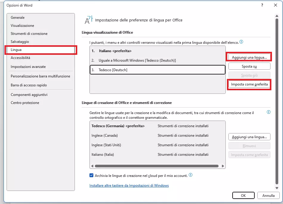 Opzioni lingua su Word