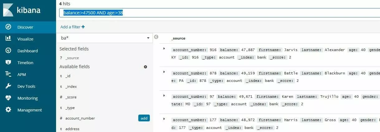 Kibana: risultati di un filtraggio di set di dati