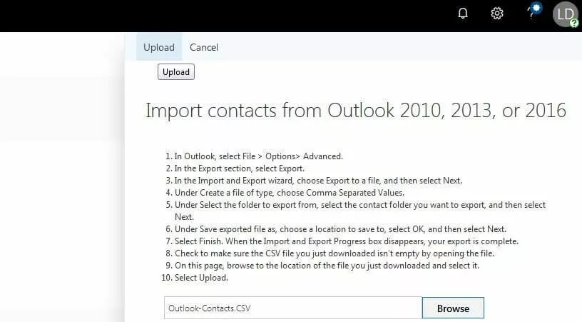 Upload del file CSV in Outlook sul Web