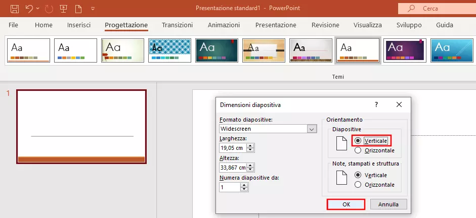 Menu PowerPoint “Dimensioni diapositiva”: orientamento verticale