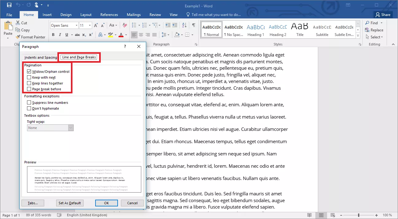 Opzioni di impostazione del paragrafo in Word