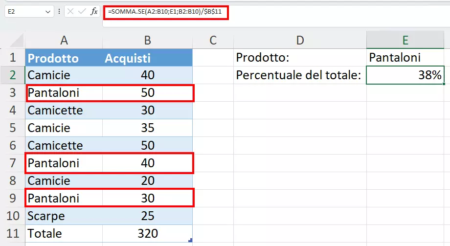 Calcolo della percentuale su Excel con SOMMA.SE