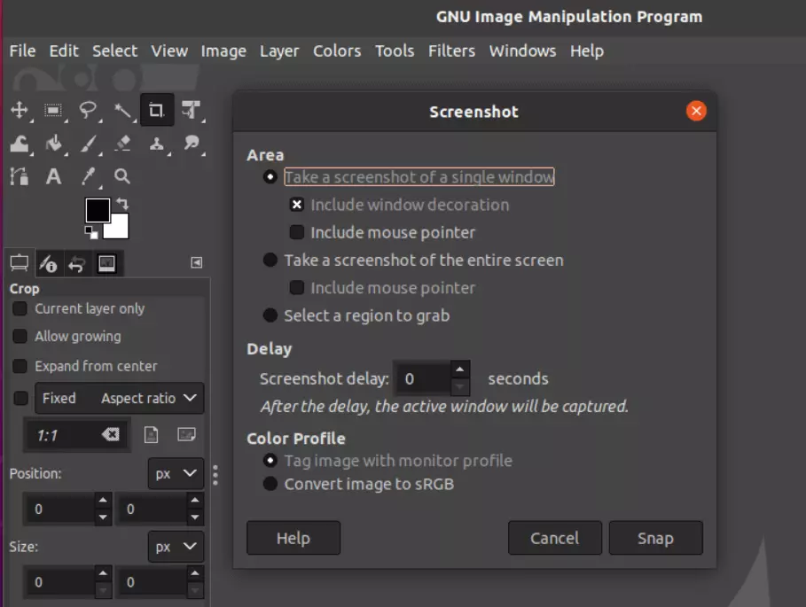 La funzione per ottenere screenshot di GIMP