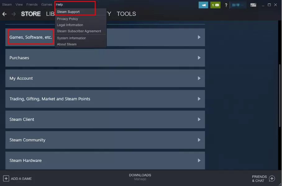 Menu dell’assistenza di Steam