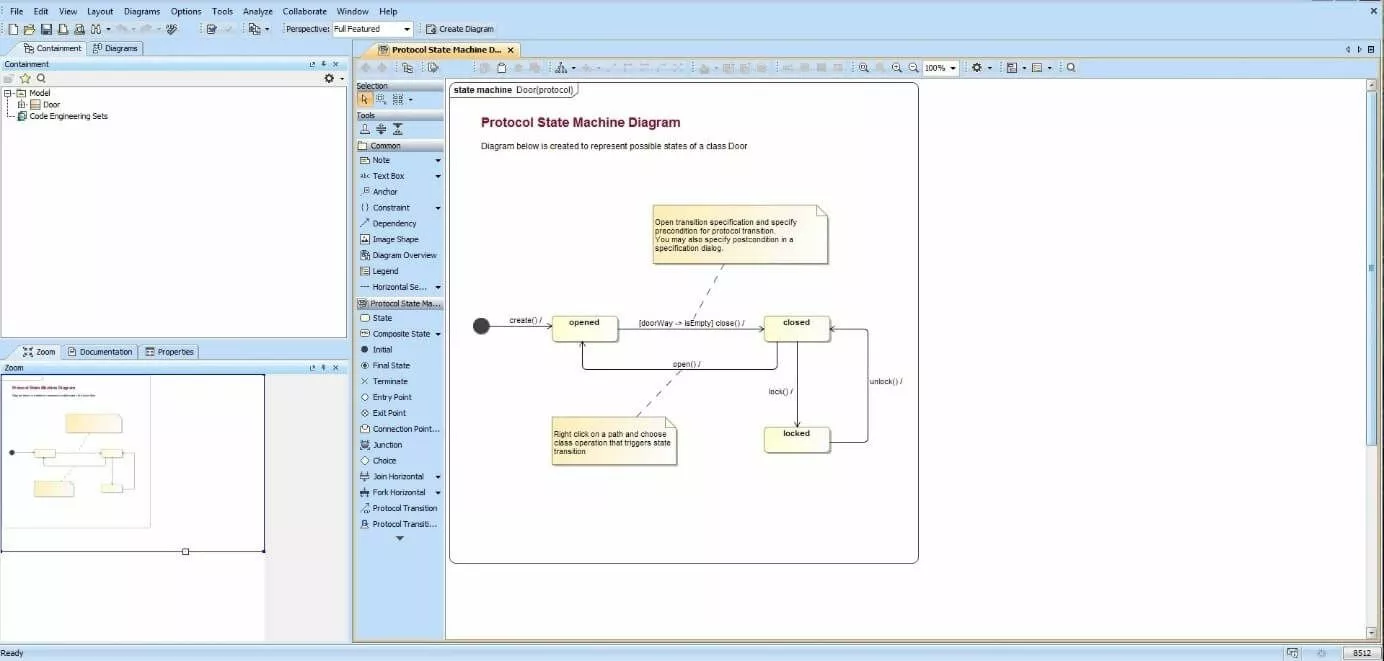 Interfaccia utente di MagicDraw con diagramma degli stati (Statechart diagram)