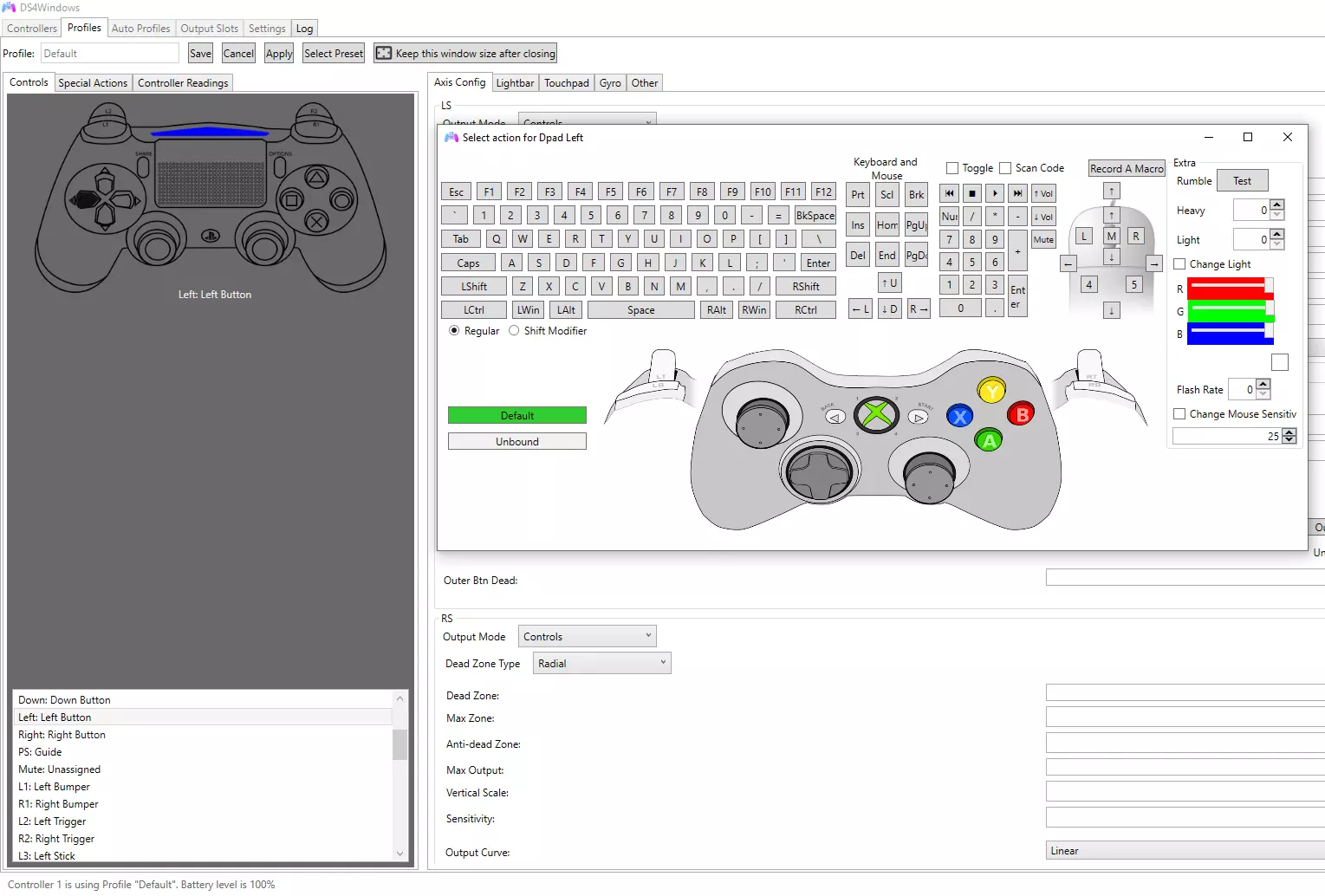 Screenshot della configurazione dei tasti nel menu del controller DS4