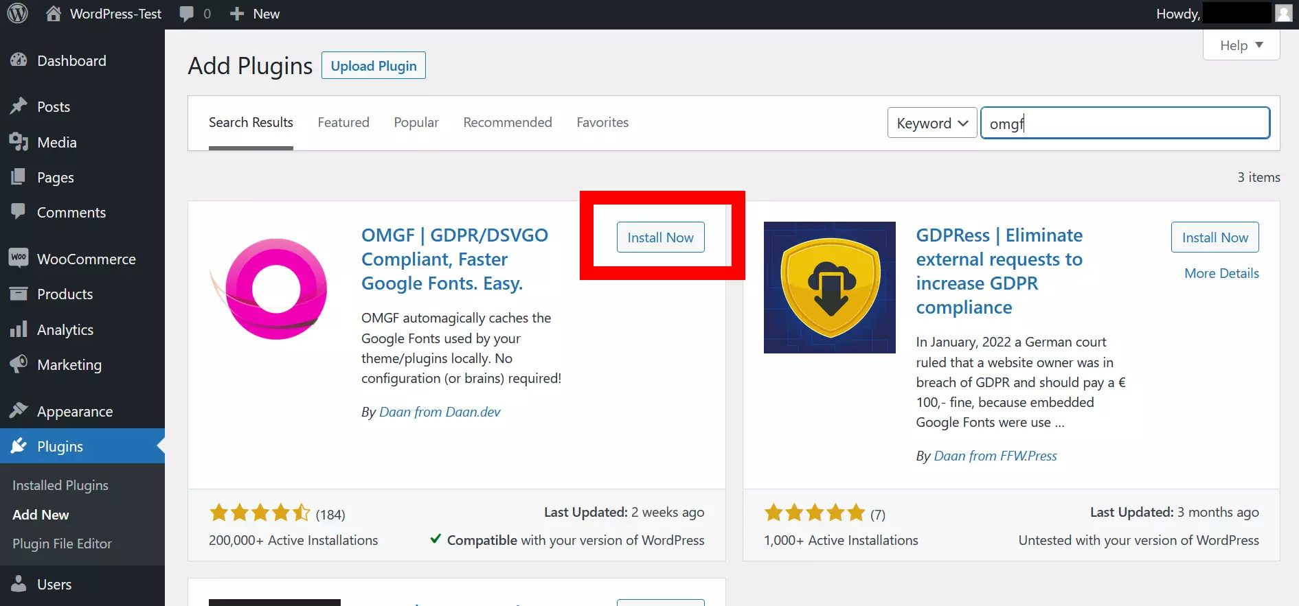 Screenshot del plugin OMGF alla voce “Aggiungi plugin” su WordPress