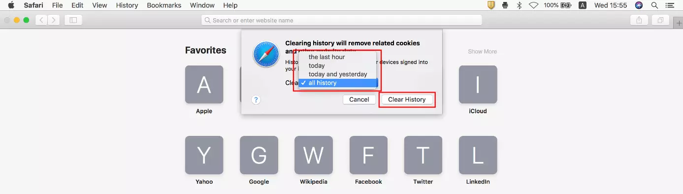 Browser Safari: finestra di dialogo “Cancella cronologia” in macOS