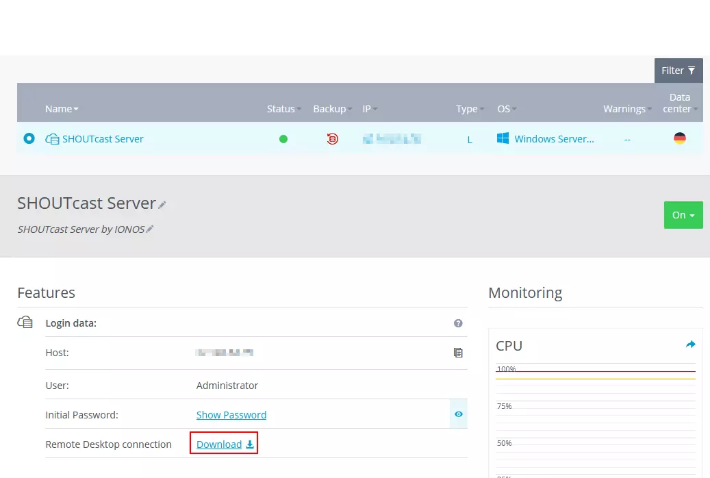 Schermata dell’interfaccia di un server cloud IONOS