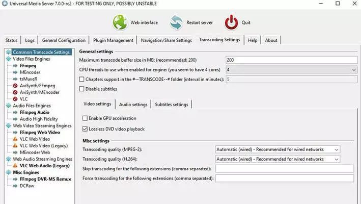 Universal Media Server: finestra per le impostazioni di transcodifica