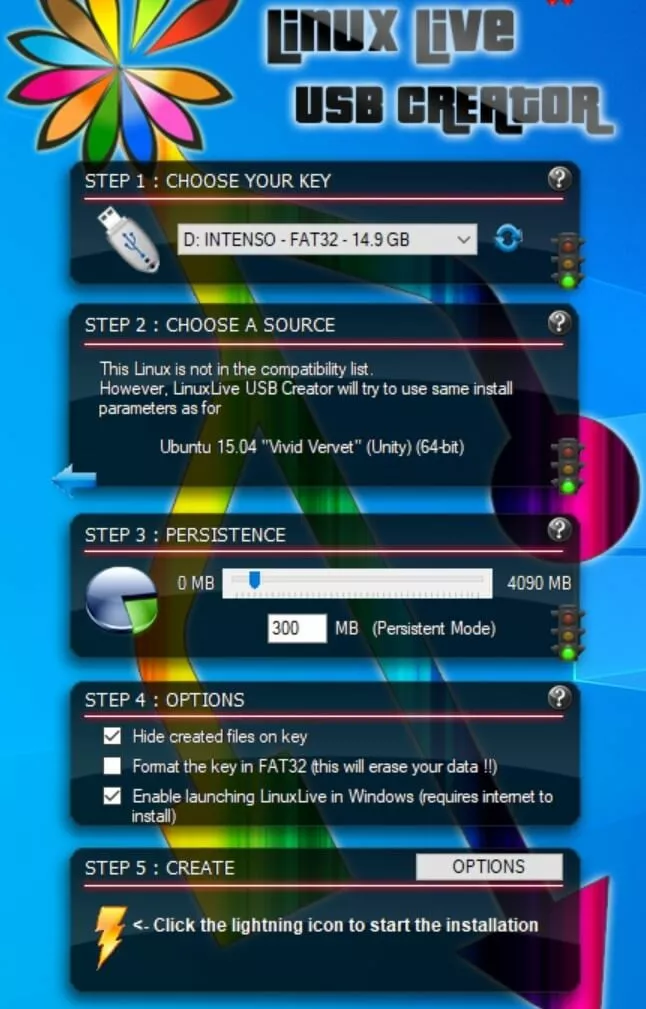 Selezione della persistenza nel passaggio 3: LinuxLive USB Creator