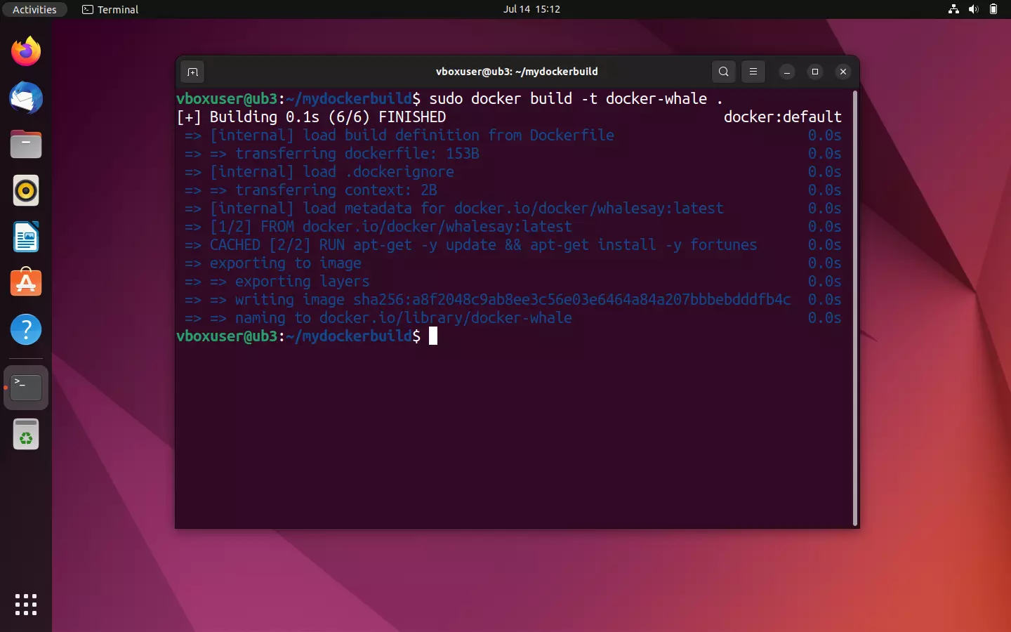 Il terminale di Ubuntu: messaggio di stato durante la creazione di un’immagine