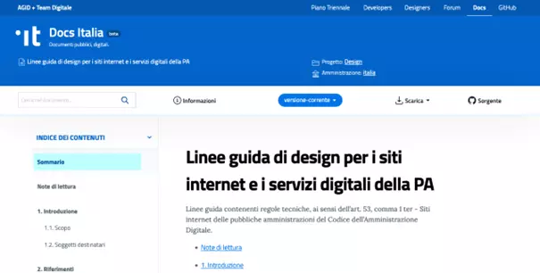 Screenshot delle linee guida di design per i siti e i servizi digitali della PA