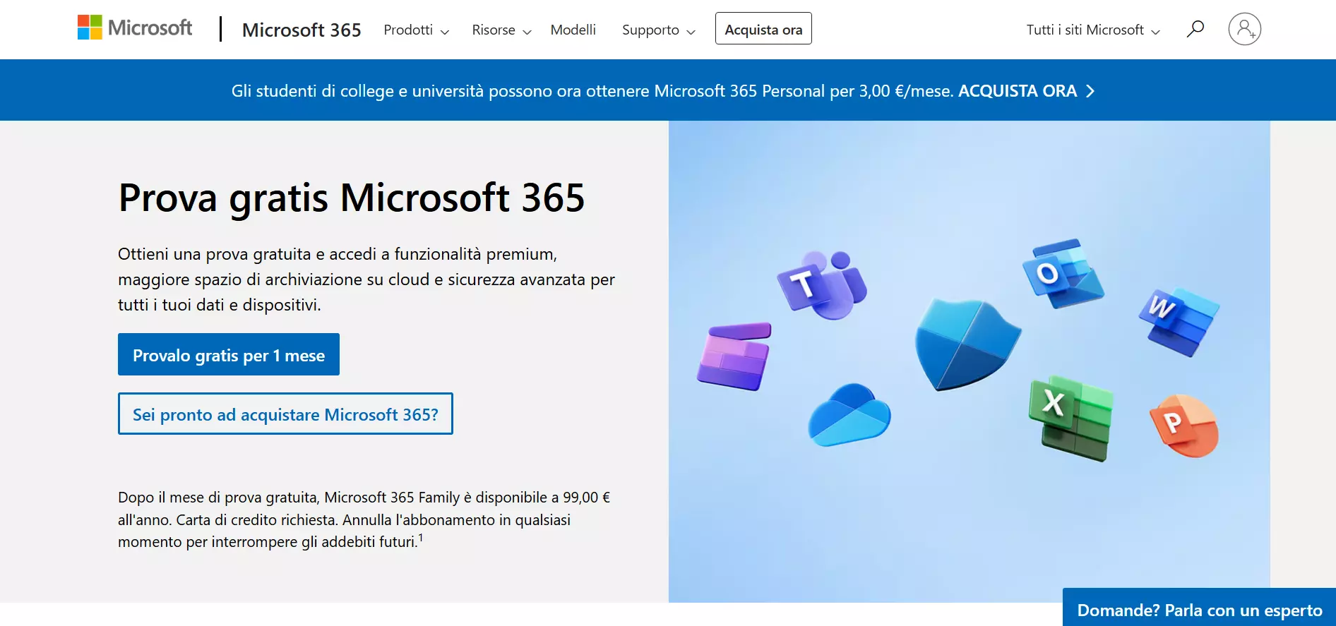 La pagina Microsoft con l’offerta di prova gratuita per Microsoft 365