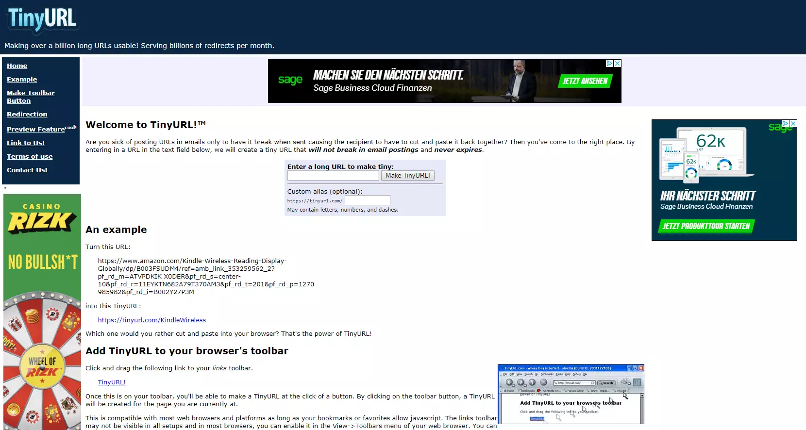 Screenshot dell’homepage di TinyURL