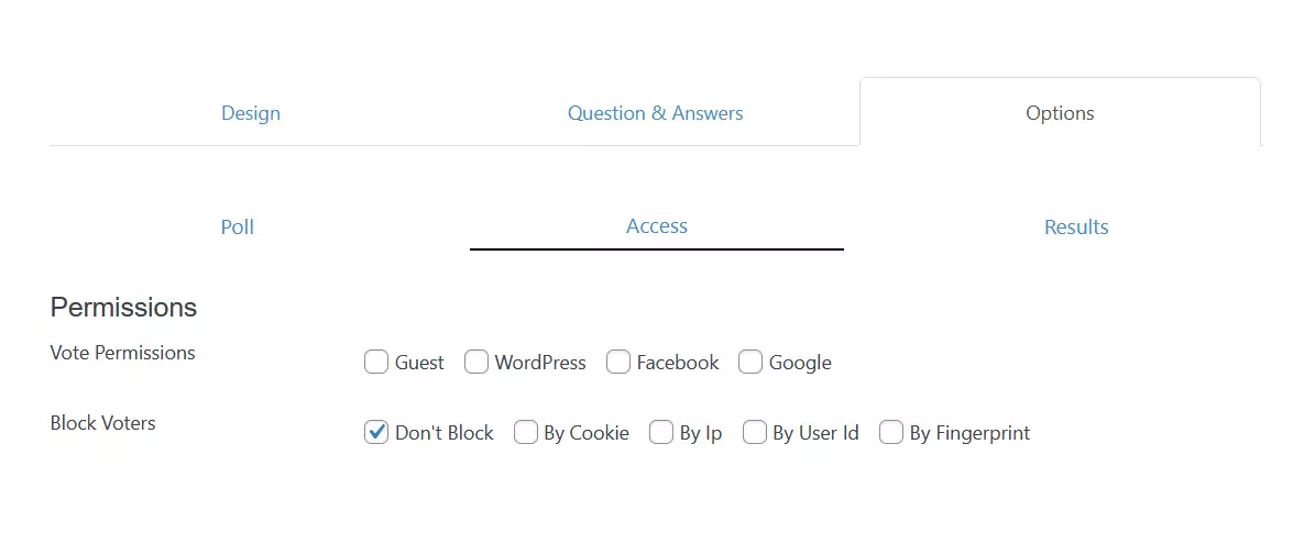 Opzioni di accesso di YOP Poll