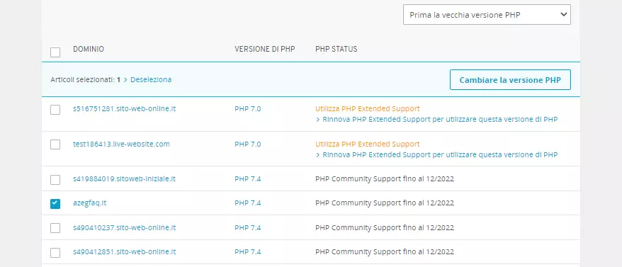 Stato PHP dei domini nel pannello di controllo IONOS