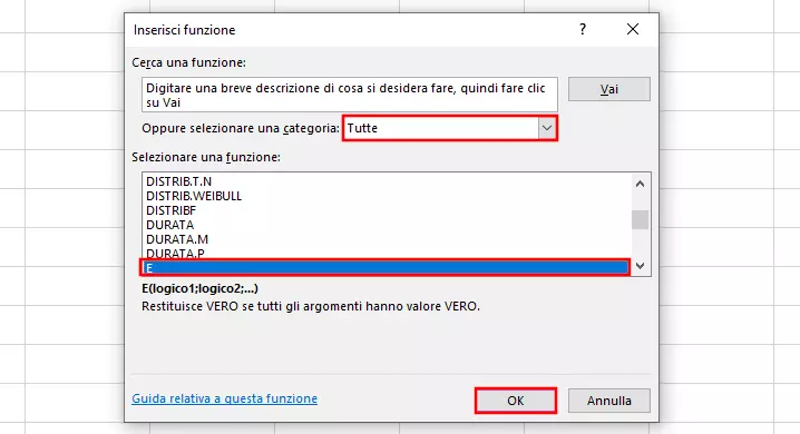 Applicazione della funzione E di Excel