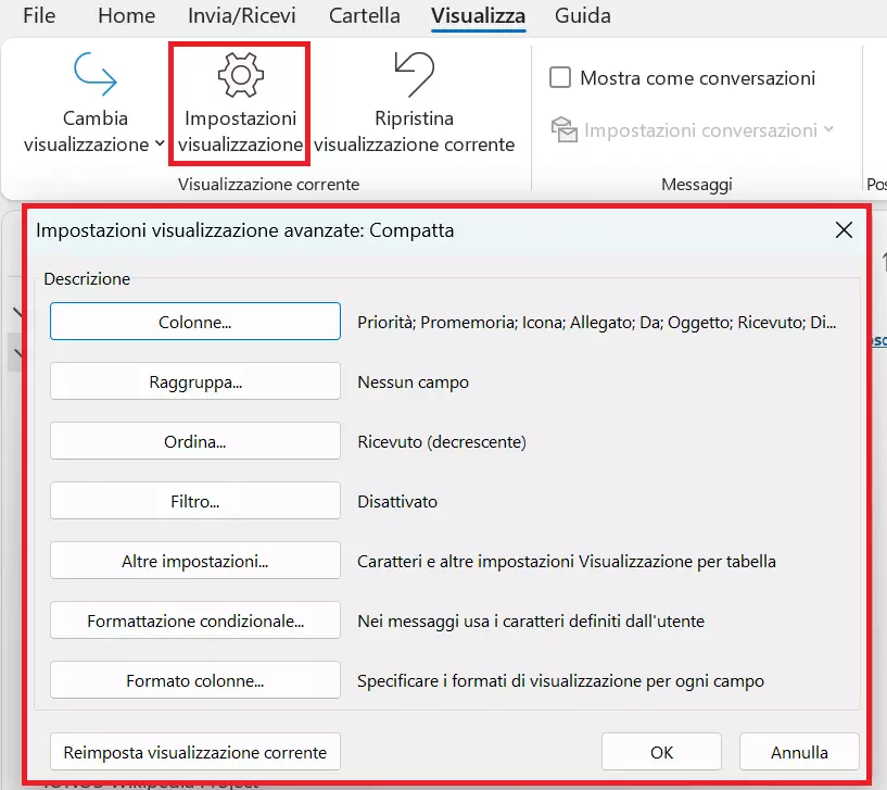 L’opzione Impostazioni visualizzazione nella scheda Visualizza