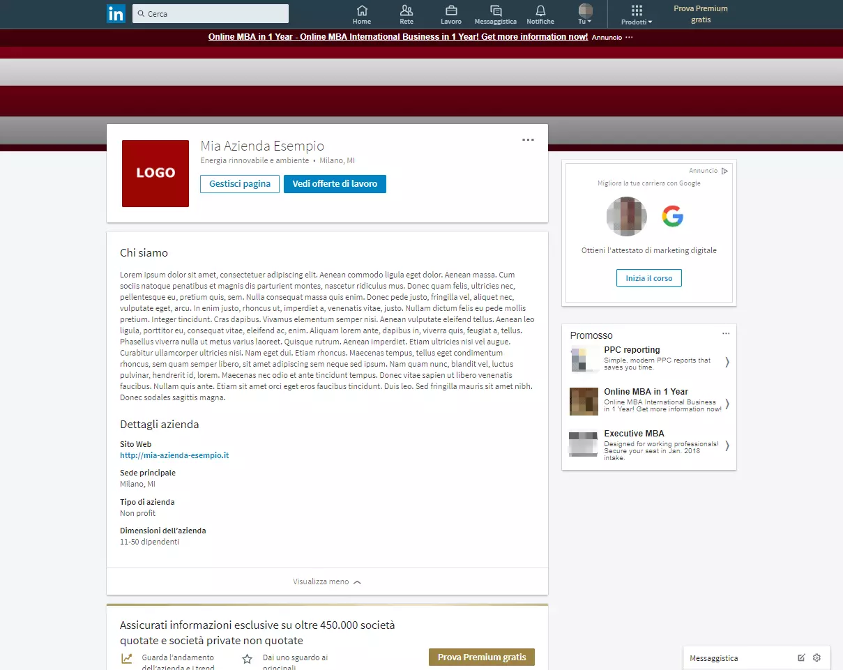 Visualizzazione di un esempio di profilo aziendale su LinkedIn per utenti iscritti