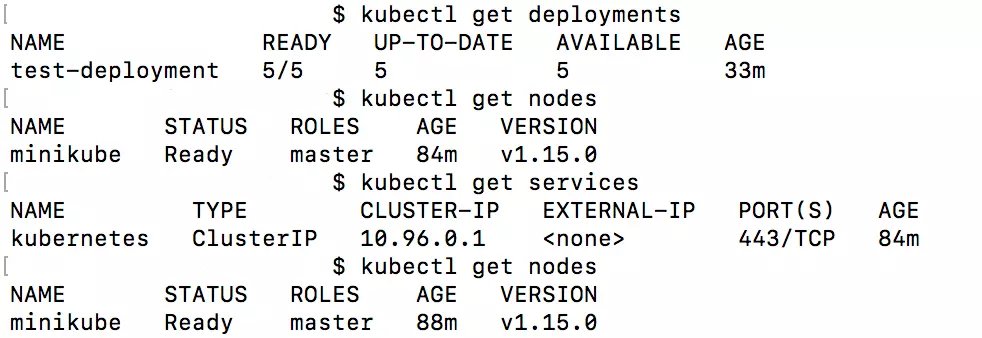 Terminale con diversi comandi e output di Kubernetes