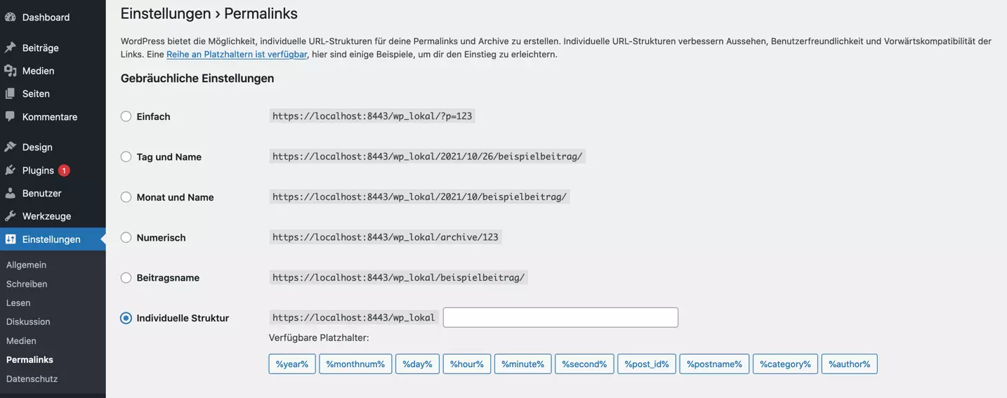 Impostazioni dei permalink nella dashboard di WordPress