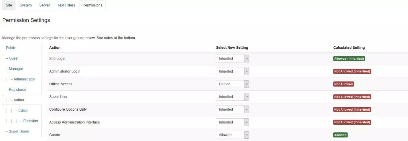 Joomla: impostazione delle autorizzazioni per i gruppi utenti