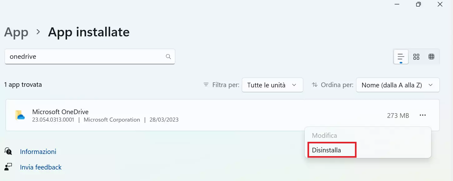 È possibile disinstallare OneDrive nelle impostazioni di Windows