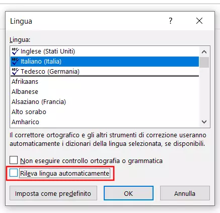 Outlook: Menu per la selezione della lingua per il controllo ortografico