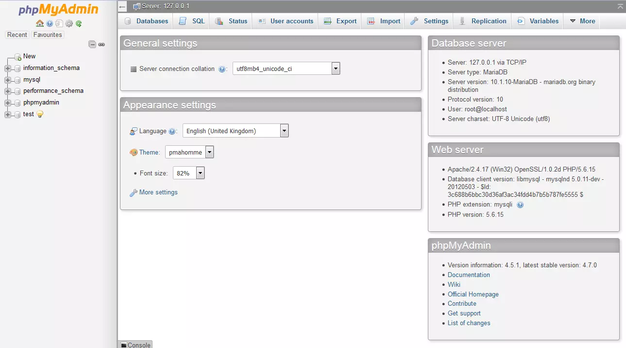 Interfaccia admin di phpMyAdmin