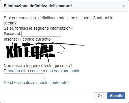 Screenshot schermata di conferma eliminazione definitiva dell’account