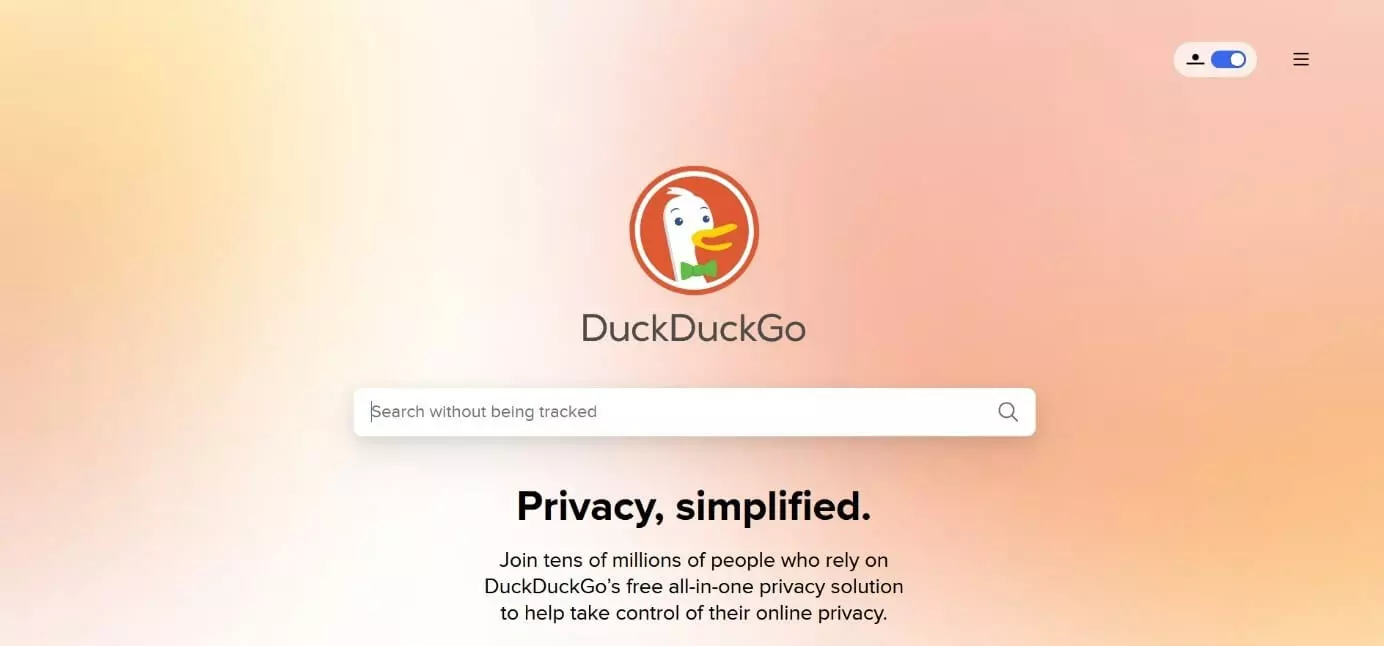 Screenshot della pagina iniziale di DuckDuckGo