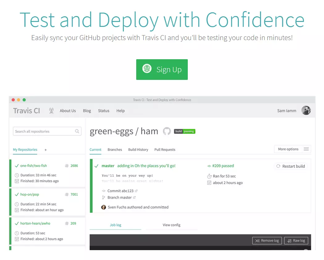 Screenshot della homepage della versione gratuita di Travis CI