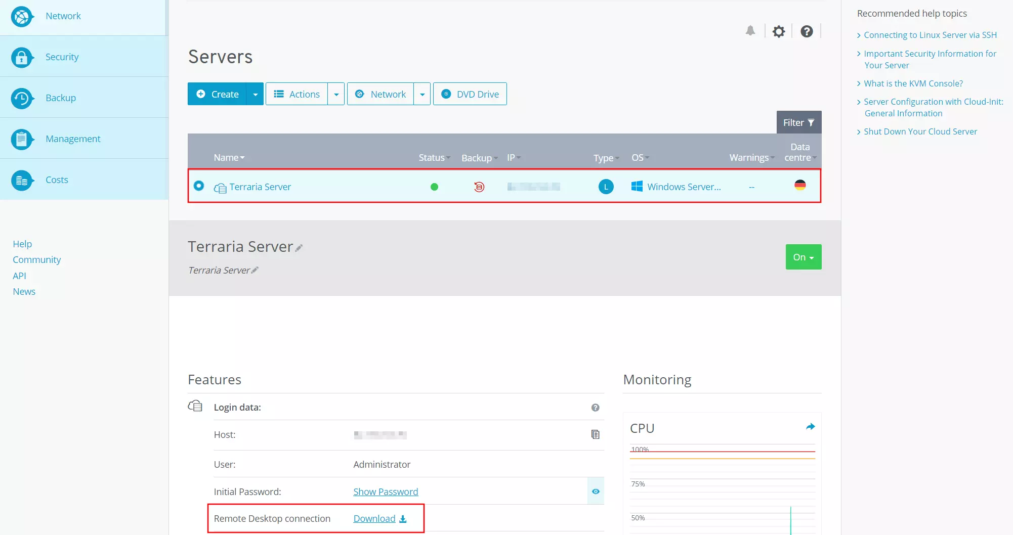 Cloud Panel di IONOS: riepilogo dei dati del server