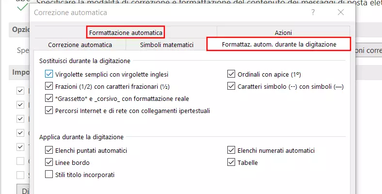 Scheda di Outlook “Formattazione automatica durante la digitazione”