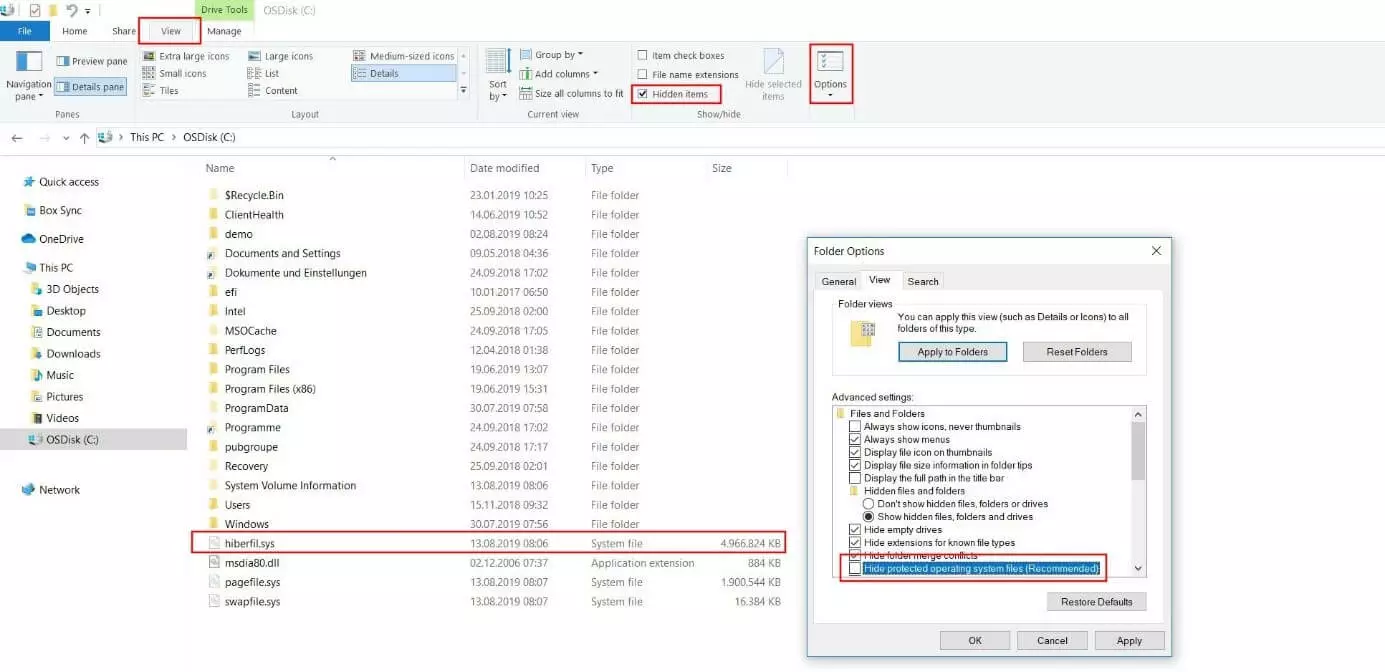 File hiberfil.sysvisibile nella directory iniziale della partizione Windows