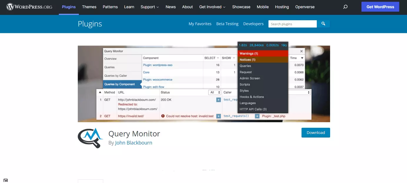 Pagina web del plugin Query Monitor