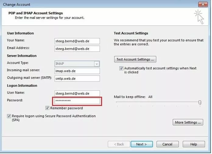 Impostazioni del server e di accesso per un account di posta elettronica selezionato in Outlook 2016