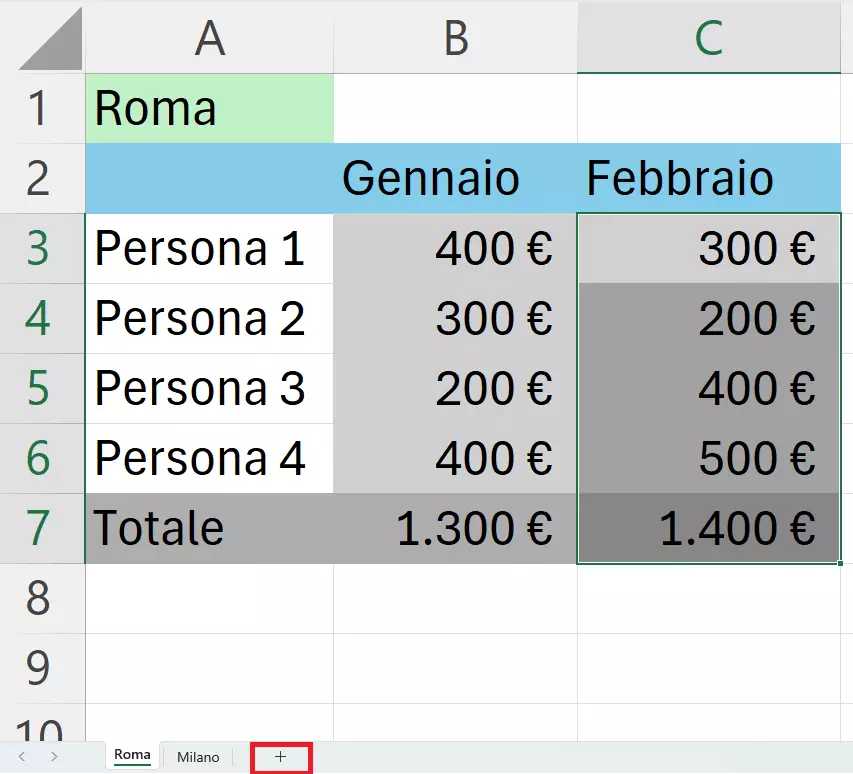 Creare un nuovo foglio di lavoro Excel per unire le tabelle cliccando sul simbolo “+”